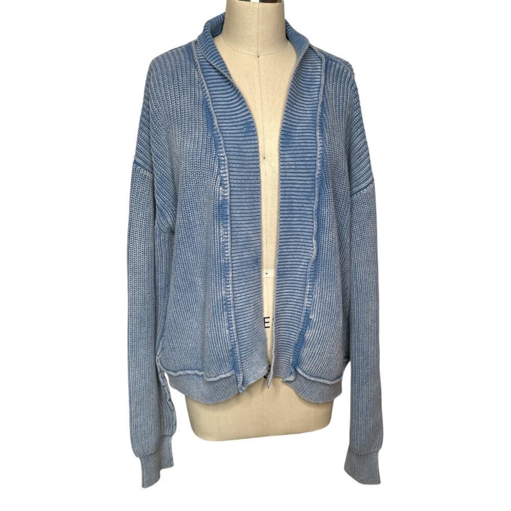 Miss Love Blue Distressed 100% Cotton Open Front Cardigan Sweater Size M